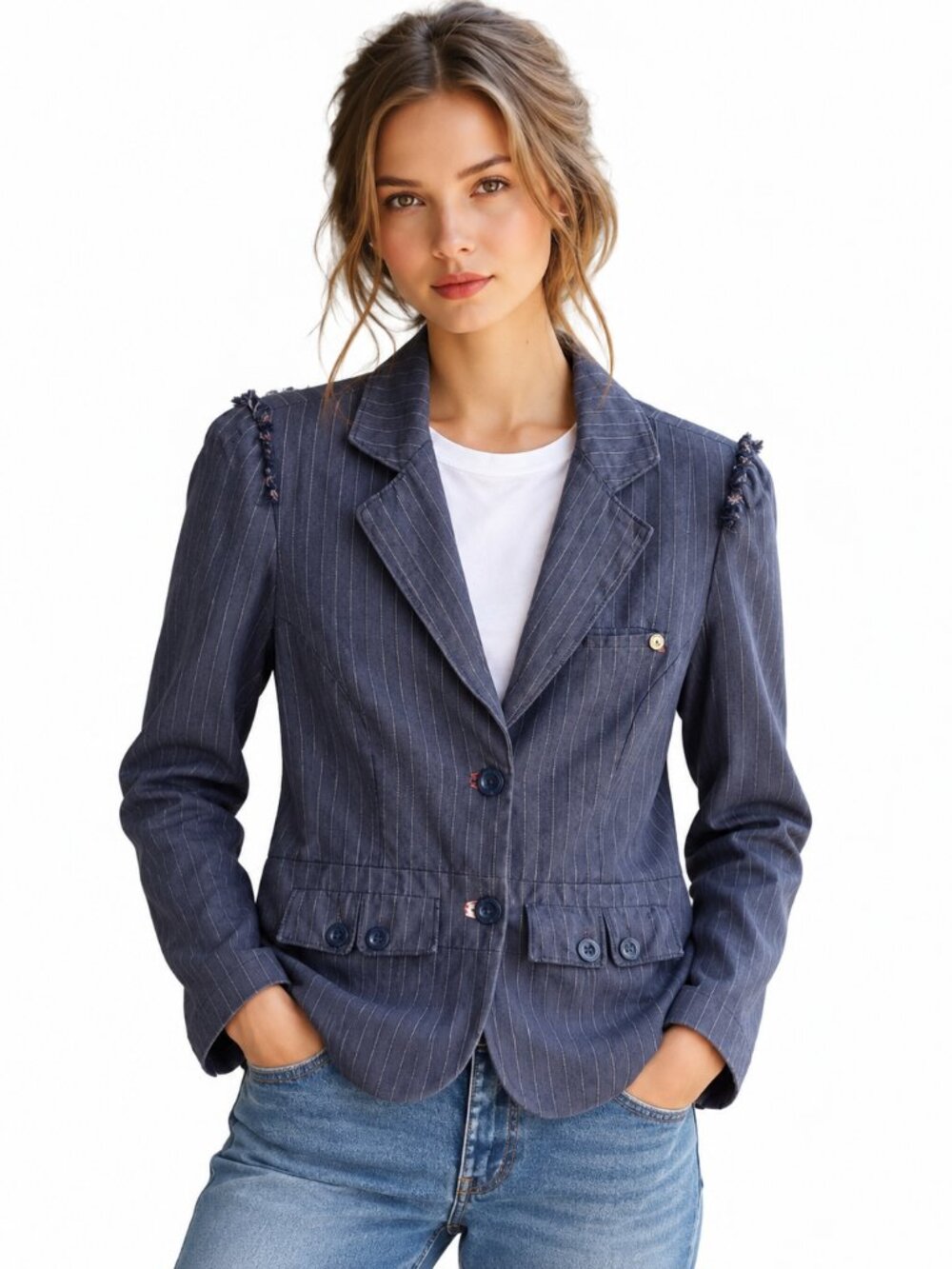 Pinstripe Billabong denim jacket/blazer w. raw edges and distressed look